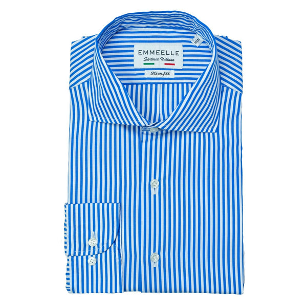 Camicia a righe bianca e blu uomo-slim-collo francese con stecche estraibili camicia