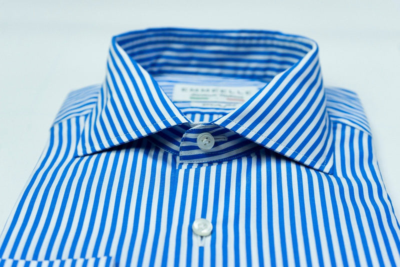 Camicia a righe bianca e blu uomo-slim-collo francese con stecche estraibili camicia