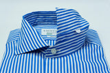 Camicia a righe bianca e blu uomo-slim-collo francese con stecche estraibili camicia