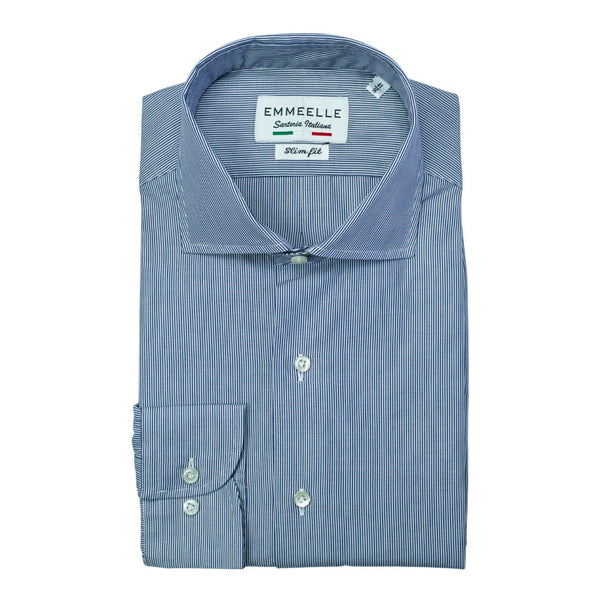 Camicia a righe slim bianca e blu-collo francese con stecche estraibili camicia