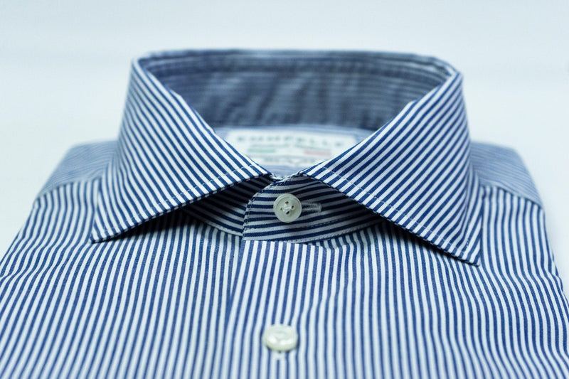 Camicia a righe uomo bianca e blu-slim-collo francese con stecche estraibili camicia