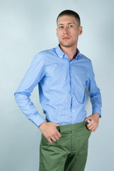 Camicia collo button down-popeline-rigato chiaro-slim fit-regular fit camicia
