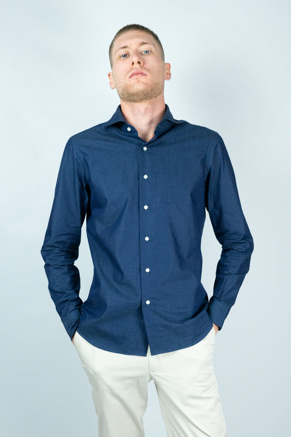 Camicia jeans uomo-denim scuro-slim fit-collo francese camicia