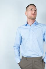 Polo manica lunga uomo-cotone popeline celeste-slim fit-collo francese polo camicia