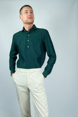 Polo uomo manica lunga-twill-verde-slim fit-collo francese polo camicia