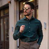 Polo uomo manica lunga-twill-verde-slim fit-collo francese polo camicia